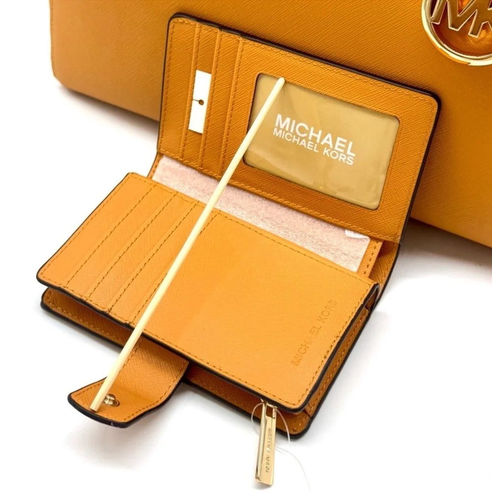Michael Kors Charlotte LG Tote Bag 3 IN 1 Leather Tote Bag & Bifold Wallet Cider
